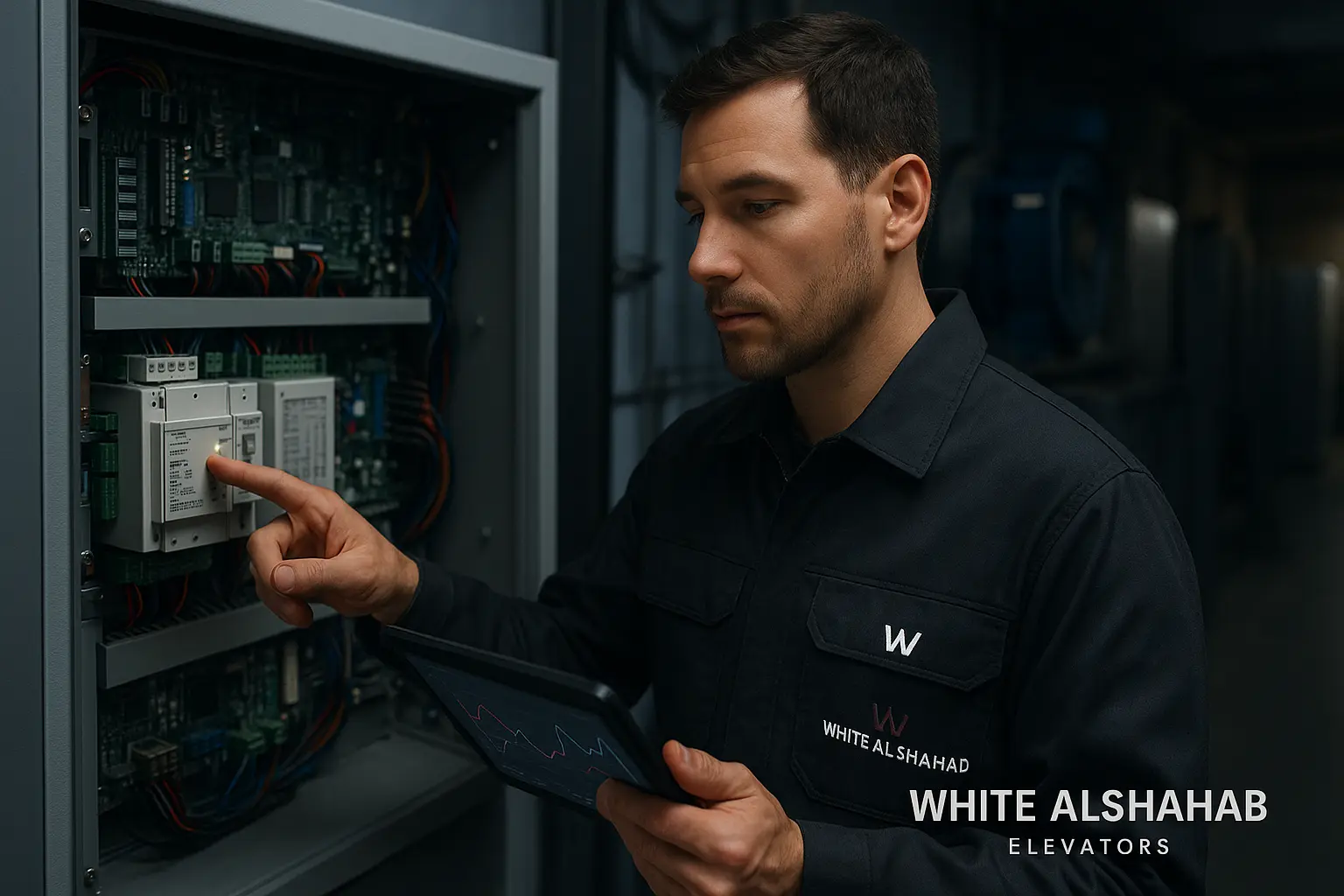 Technician performing preventive maintenance on an elevator