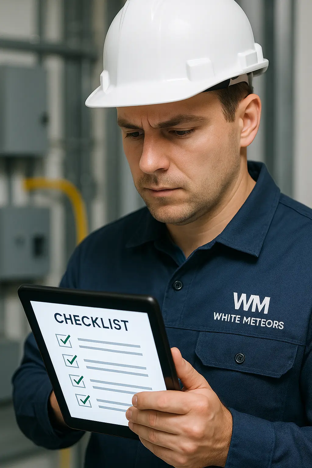 An engineer inspecting elevator mechanics with a tablet