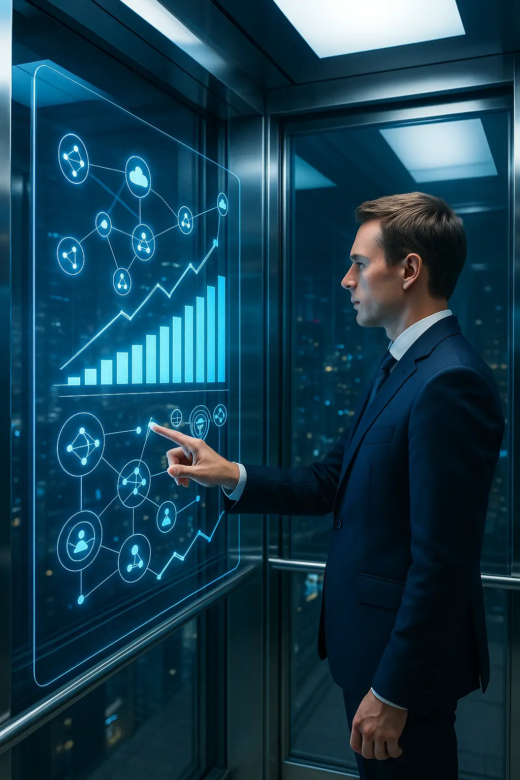 A person interacting with a futuristic elevator control panel